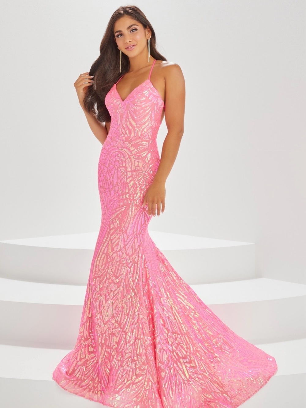 Christina Wu Pink Sequin V-Neck Mermaid Gown